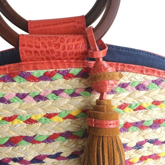 Sam Edelman Woven Gwendolyn Tote Handbag NWT Leather With Wood Handles Tassle - Picture 4 of 15